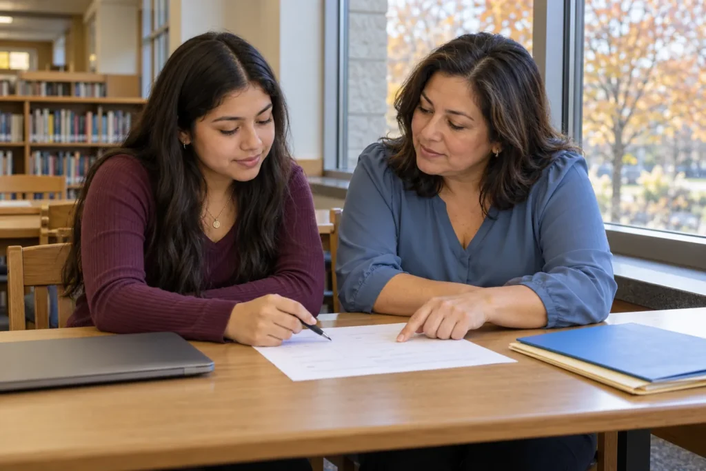 Student and aunt reviewing a college planning checklist at a public-library desk