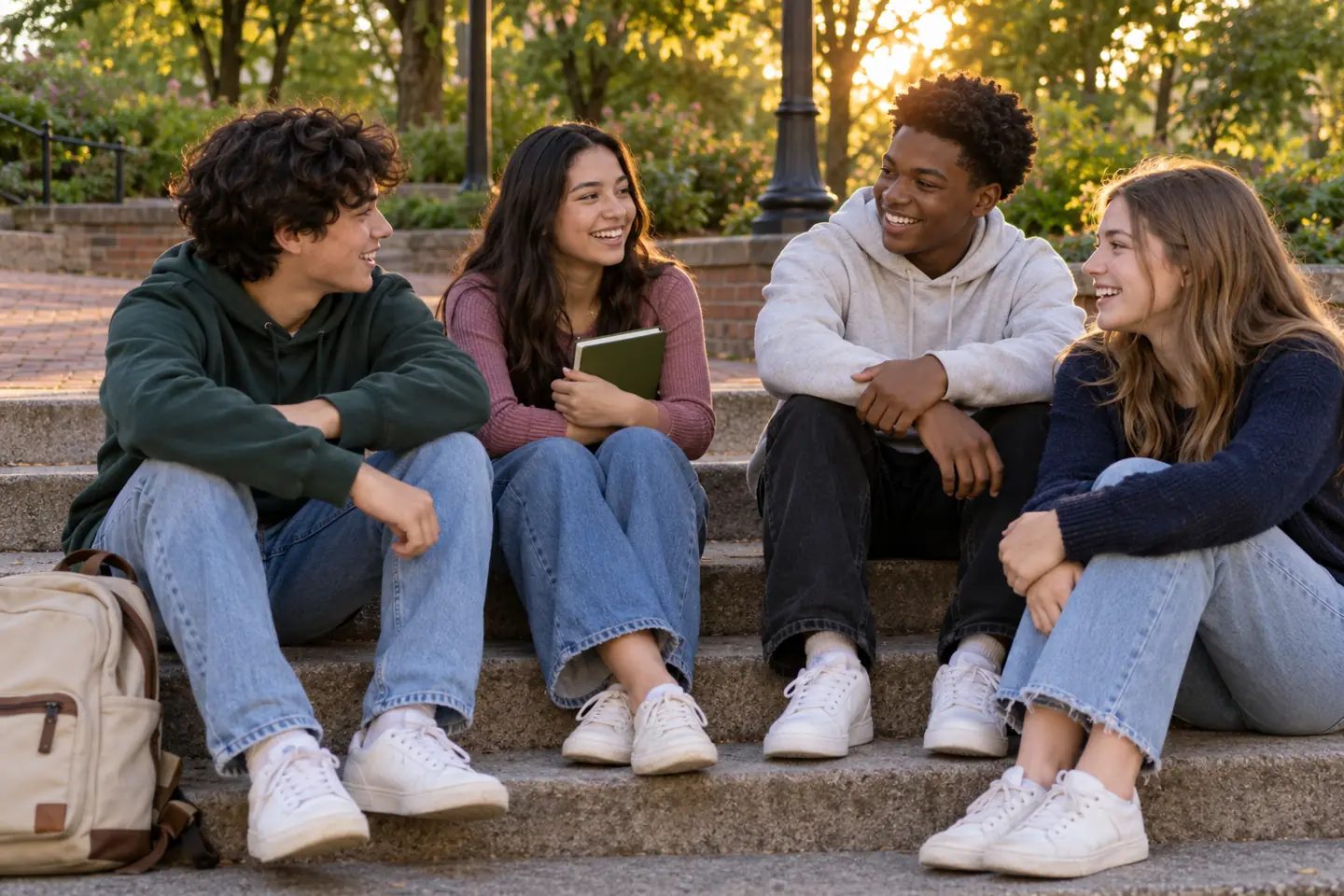 Happy group of four teenage friends talking on public park steps