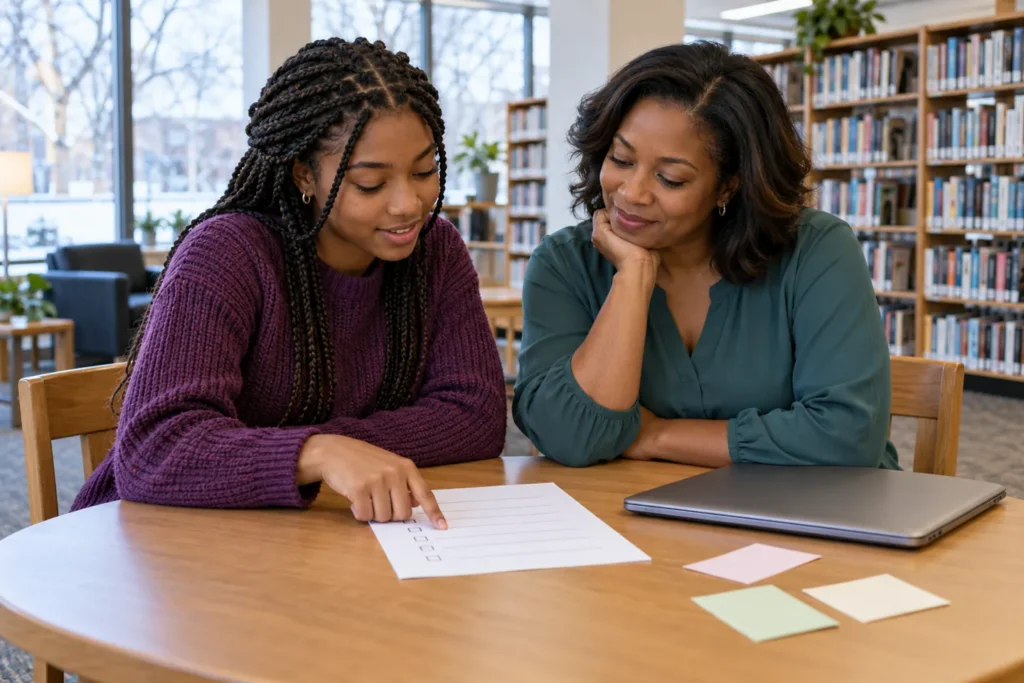 Student and mother reviewing a New Year college planning checklist in a public library