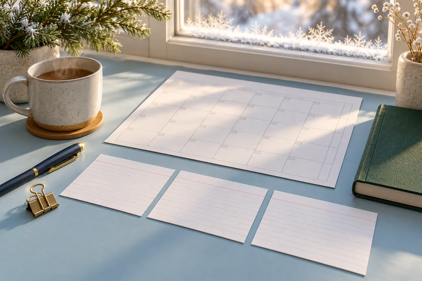Close-up of three blank planning cards, a calendar, pen, and notebook without people