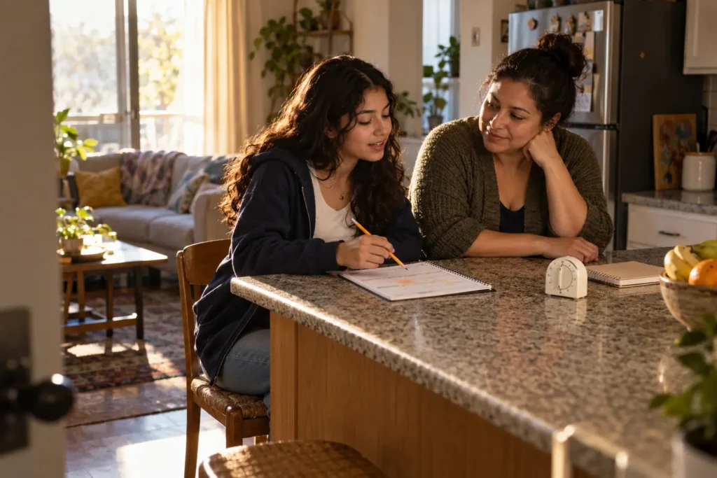 Student and mother discussing a college planning routine at home