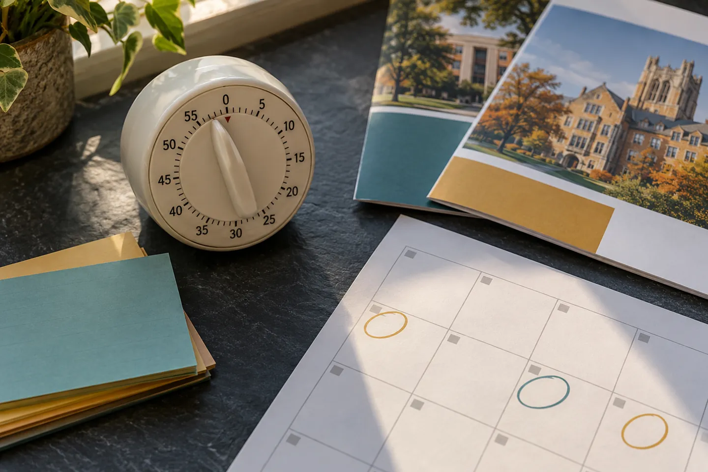 Close-up of a timer, calendar, index cards, and college brochures without people