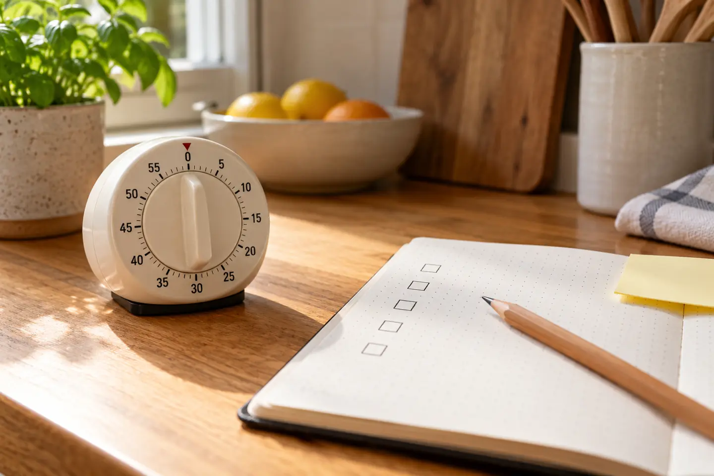 College planning routine timer beside a notebook checklist with no people