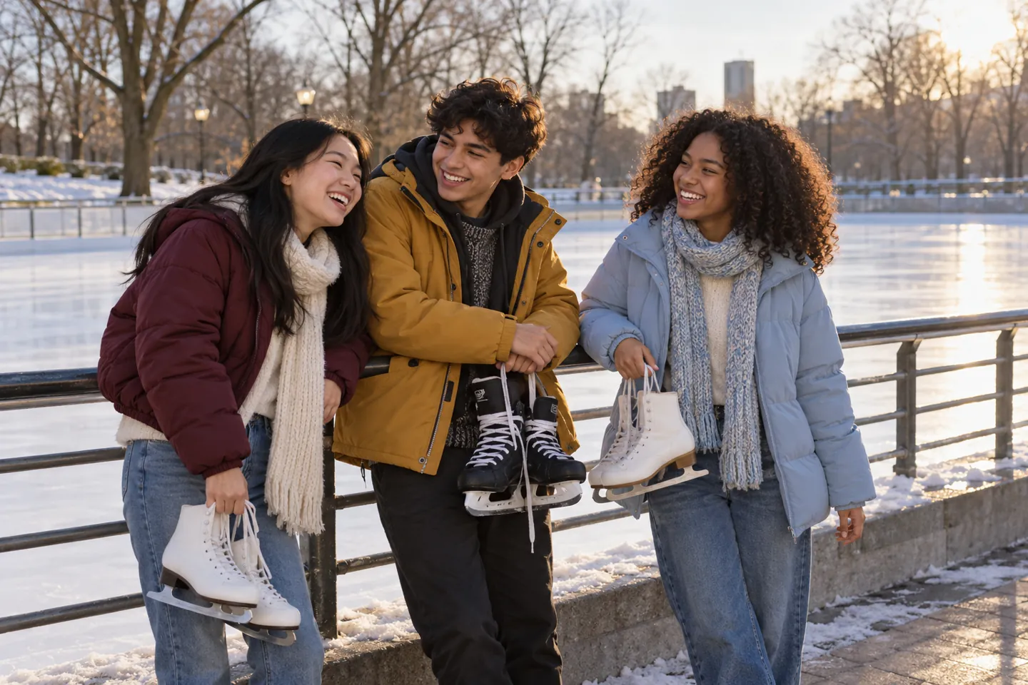 Three happy young people relaxing beside an outdoor winter skating rink