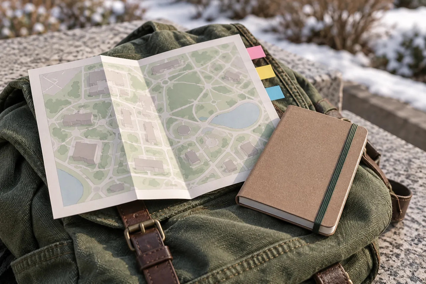Folded fictional campus visitor map and notebook on a canvas backpack