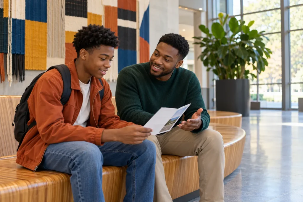 Two Black young men discuss a college support map at a campus cultural center