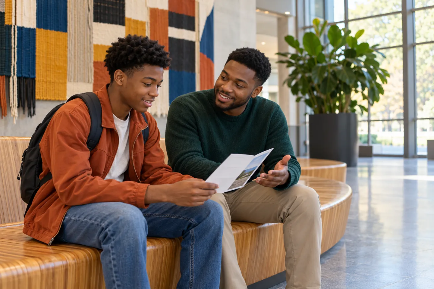 Two Black young men discuss a college support map at a campus cultural center