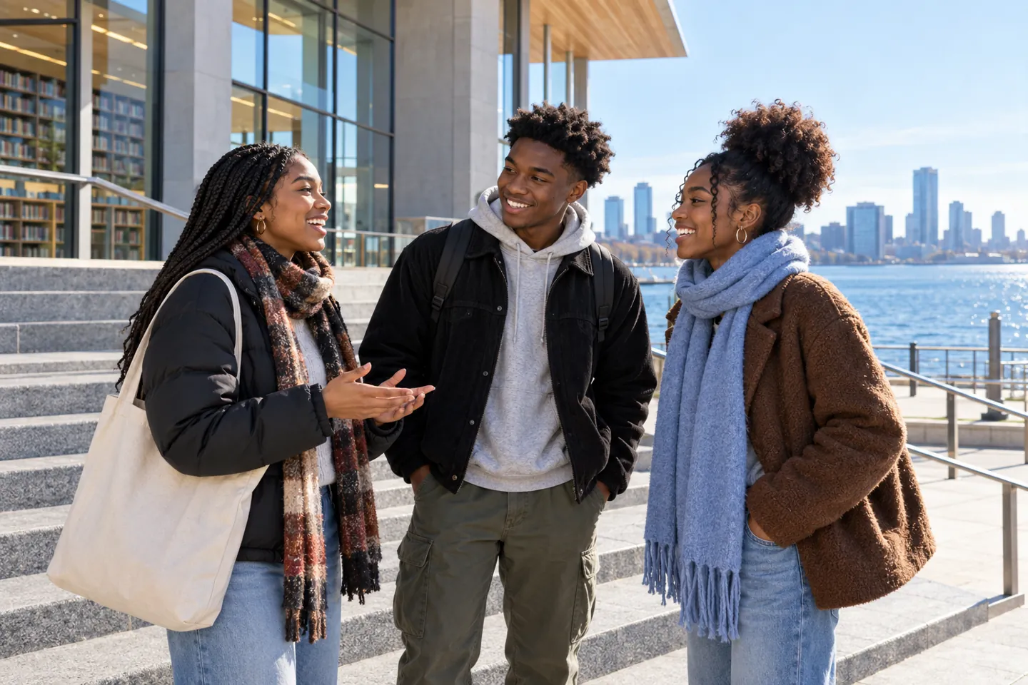 Three happy Black young people connect outdoors beside a waterfront library