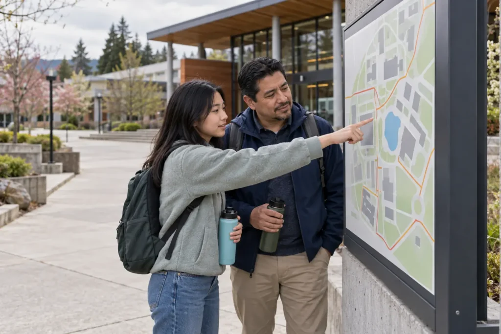 Student and parent using a college visit checklist beside a campus map