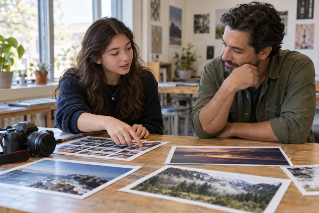 Student and mentor review a photography portfolio for Common App activity descriptions