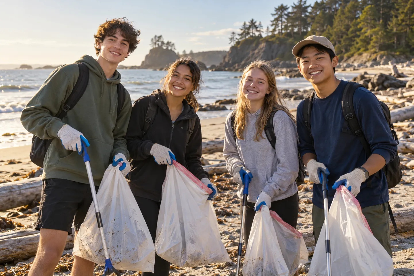 Four happy young volunteers at a public beach cleanup