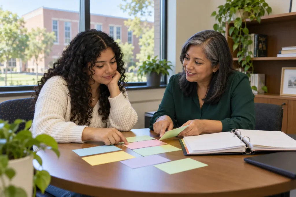 A student and academic advisor compare course cards for a community college transfer checklist.