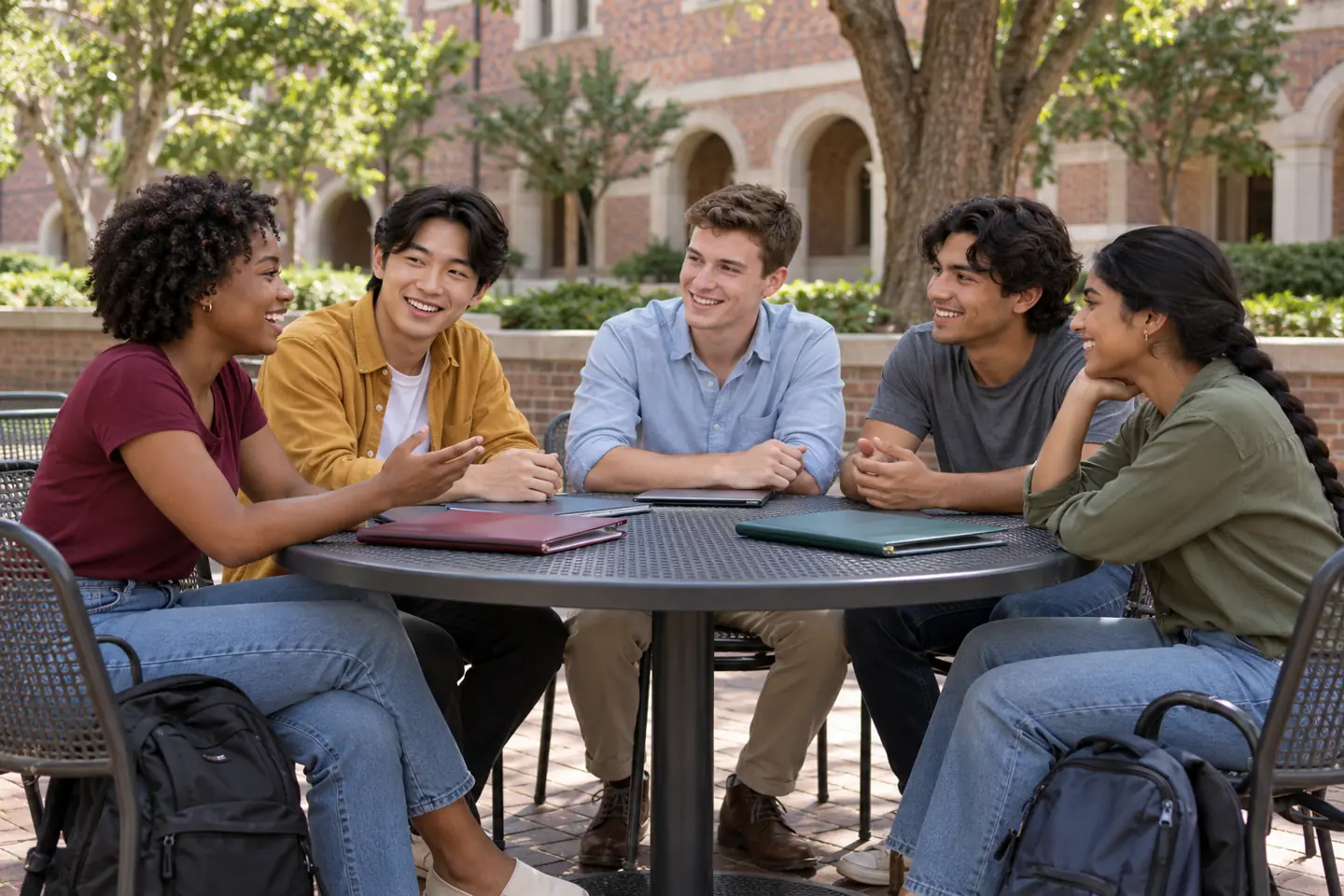 Five happy young adults discuss college plans at a public campus courtyard table.