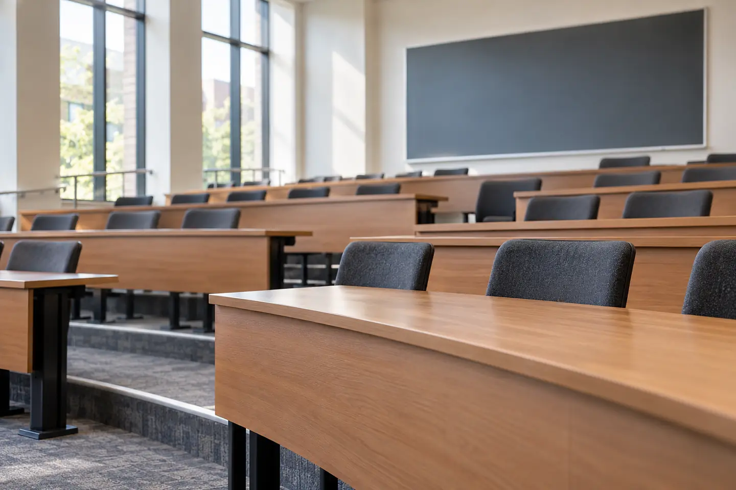 An empty college lecture hall with wooden desks and charcoal chairs in natural window light.