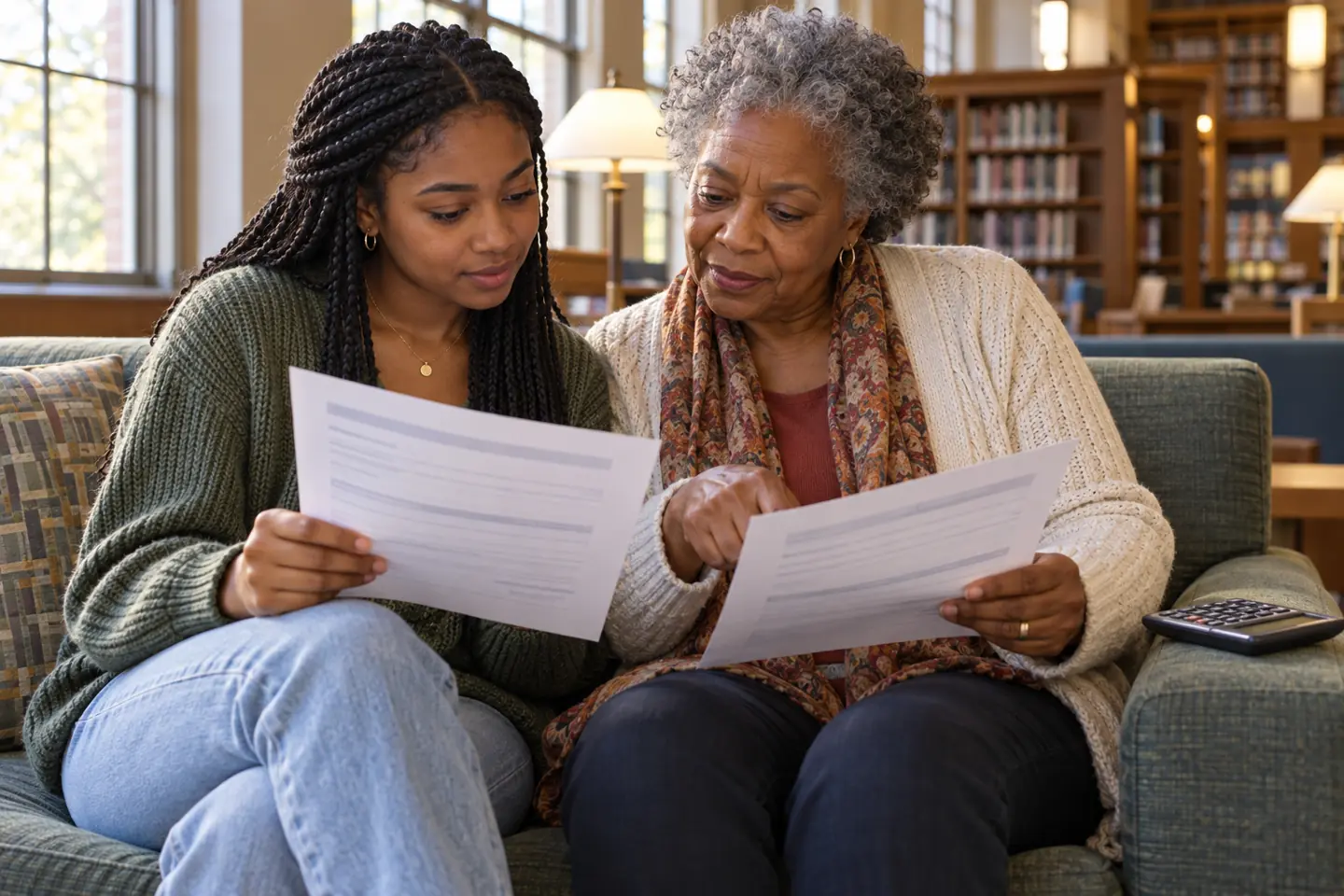 Student and grandmother compare financial aid offers in a public library