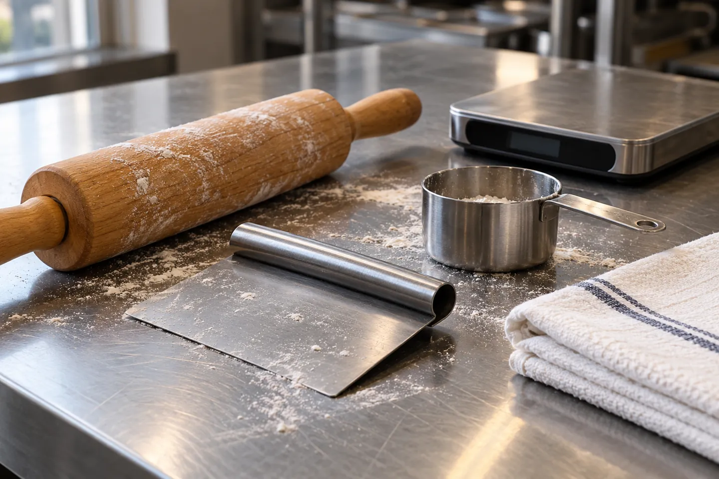 Rolling pin, dough scraper, measuring cup and scale for culinary training