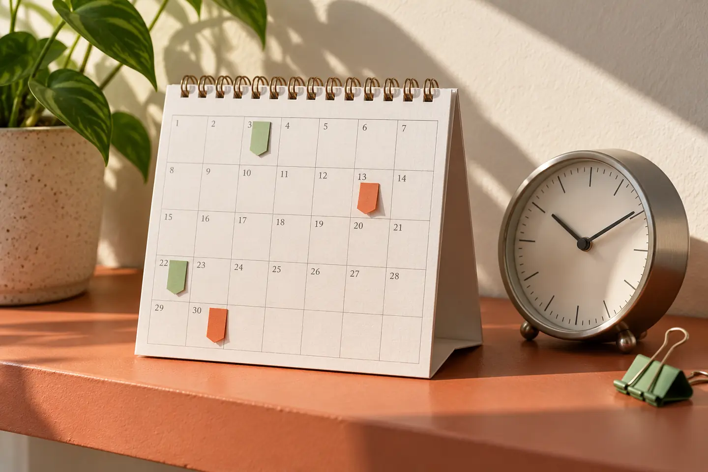 Early action checklist milestones marked on a calendar beside an analog clock