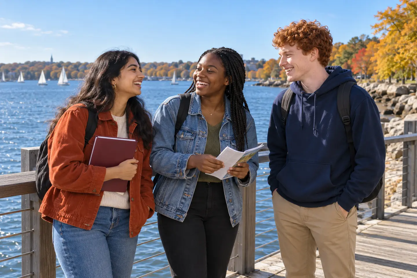 Three happy young people discussing college plans on a waterfront promenade