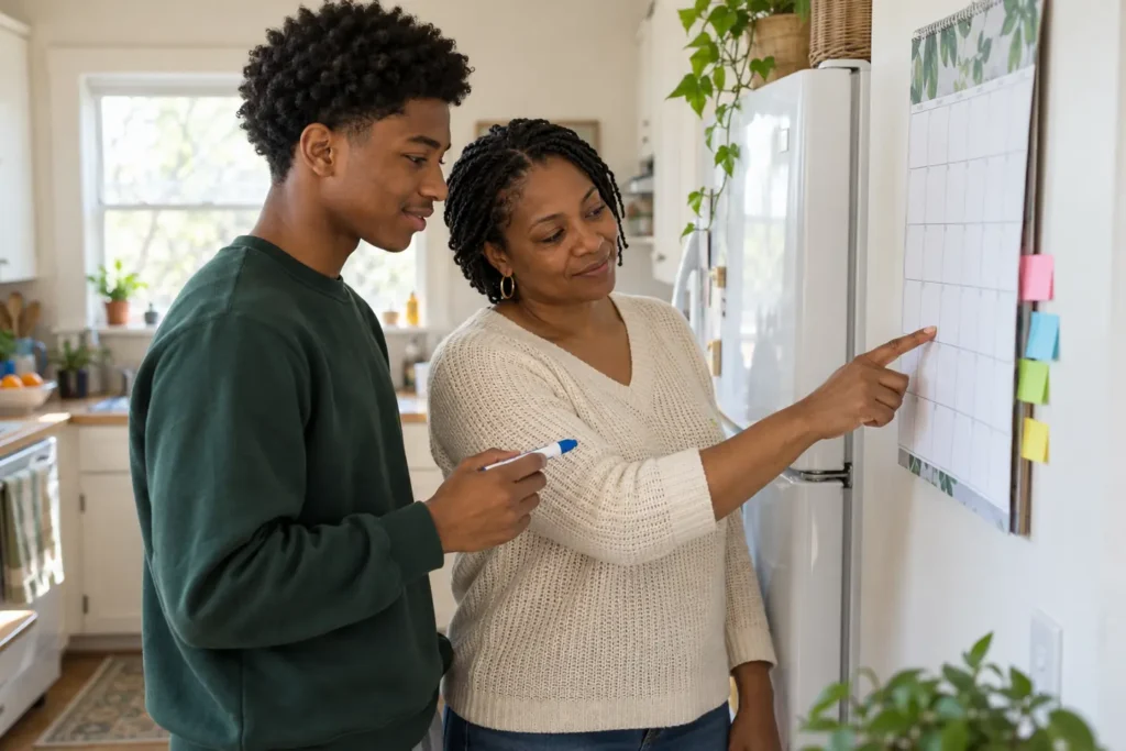 Student and mother planning an early action checklist on a wall calendar