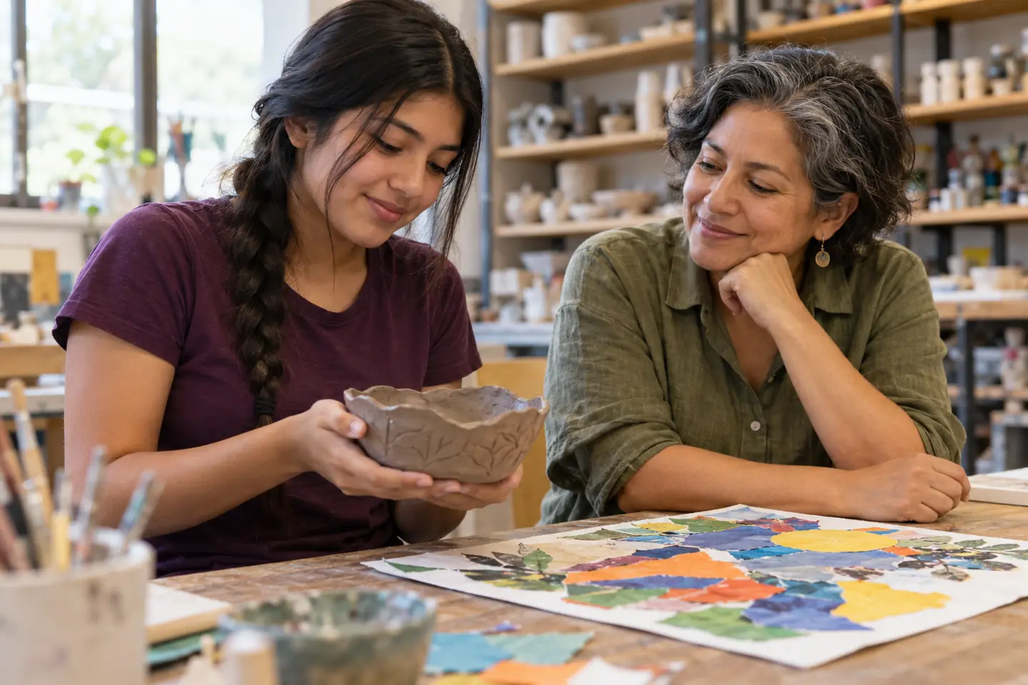 A student and arts mentor examine a clay bowl made during an extracurricular activity.