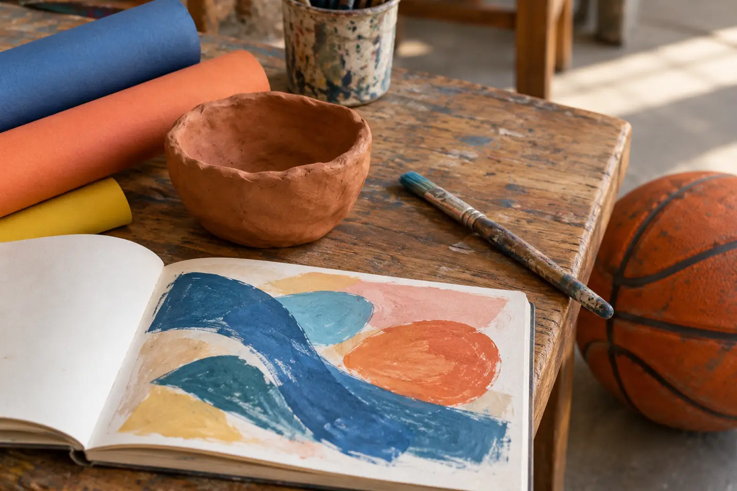 A handmade clay bowl, painted sketchbook, paintbrush, craft paper, and basketball without people.
