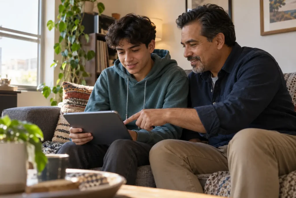 Student and parent reviewing a FAFSA contributor invitation on a tablet at home