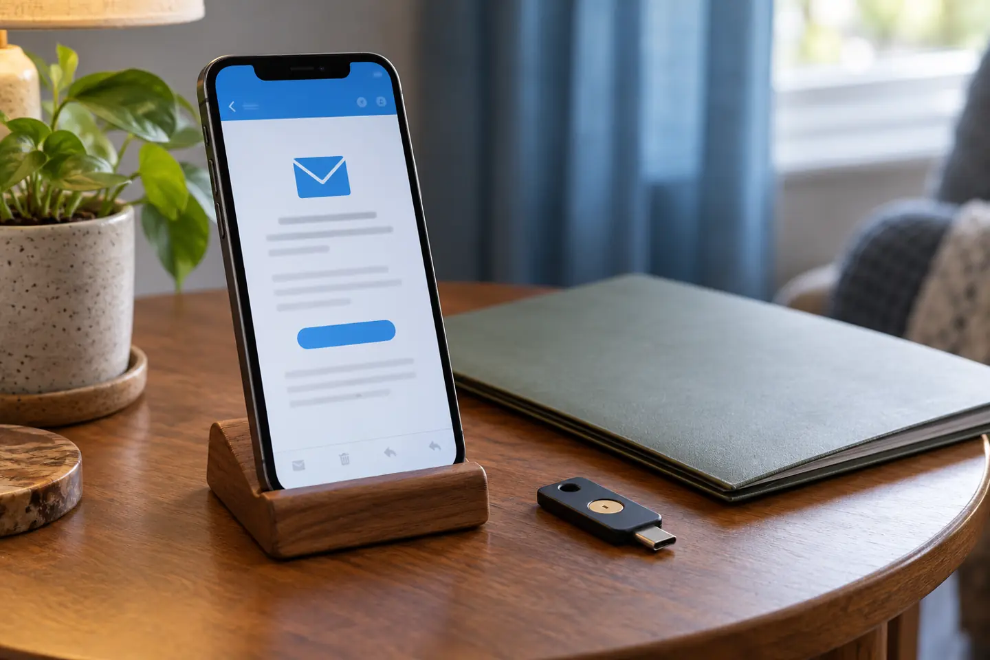 Phone displaying a generic invitation beside a security key and folder with no people