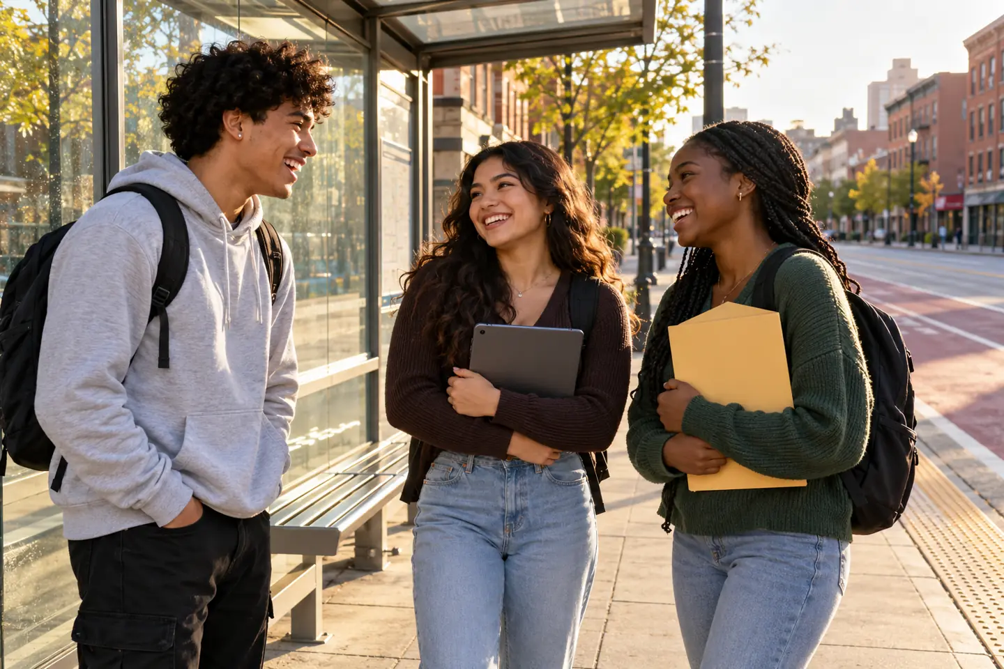 Three happy young people with backpacks and study materials at a public bus shelter