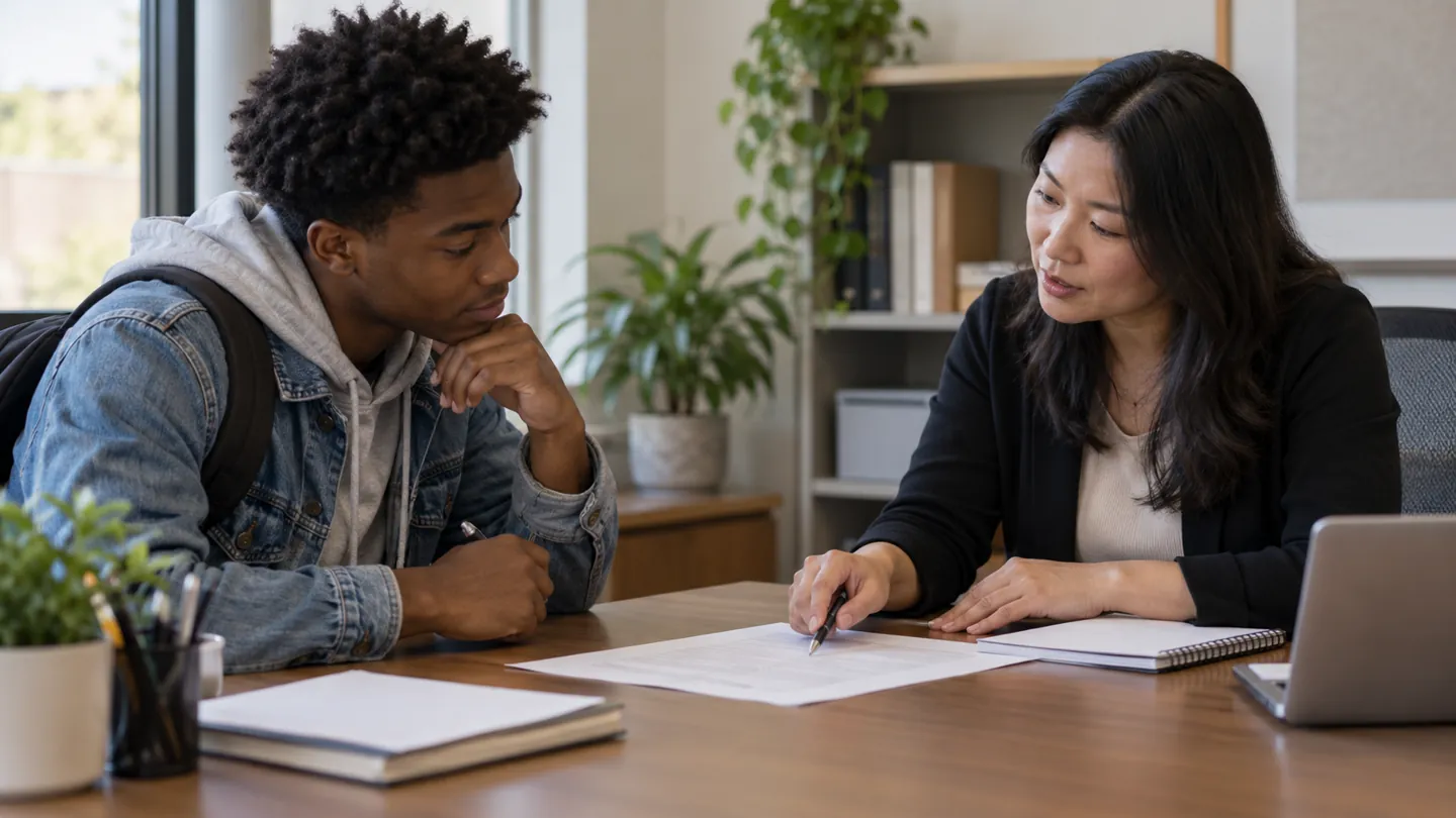 Student and financial aid counselor discussing FAFSA terms explained in an office