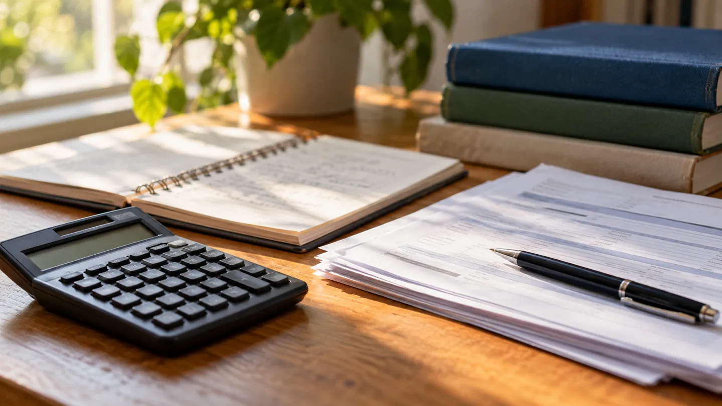 Calculator, notebook, and aid paperwork for FAFSA terms explained, with no people