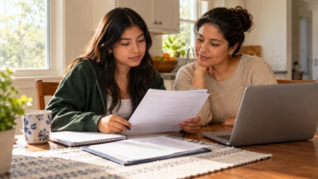 Student and parent reviewing financial aid paperwork with FAFSA terms explained