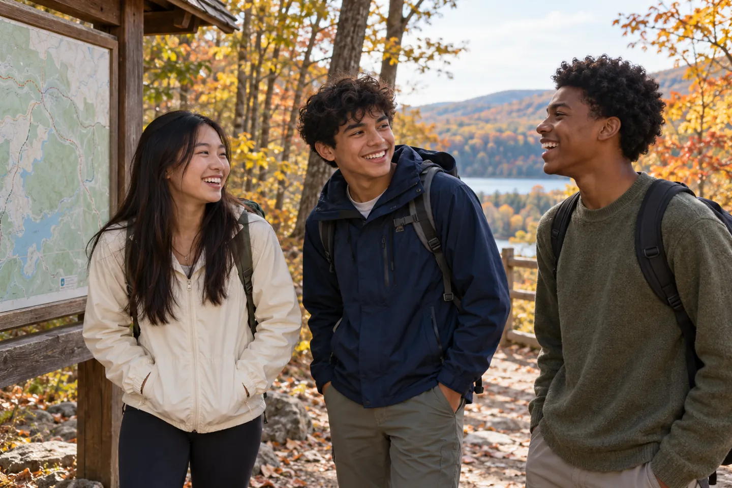 Three happy young people outdoors beside a public-park trail map