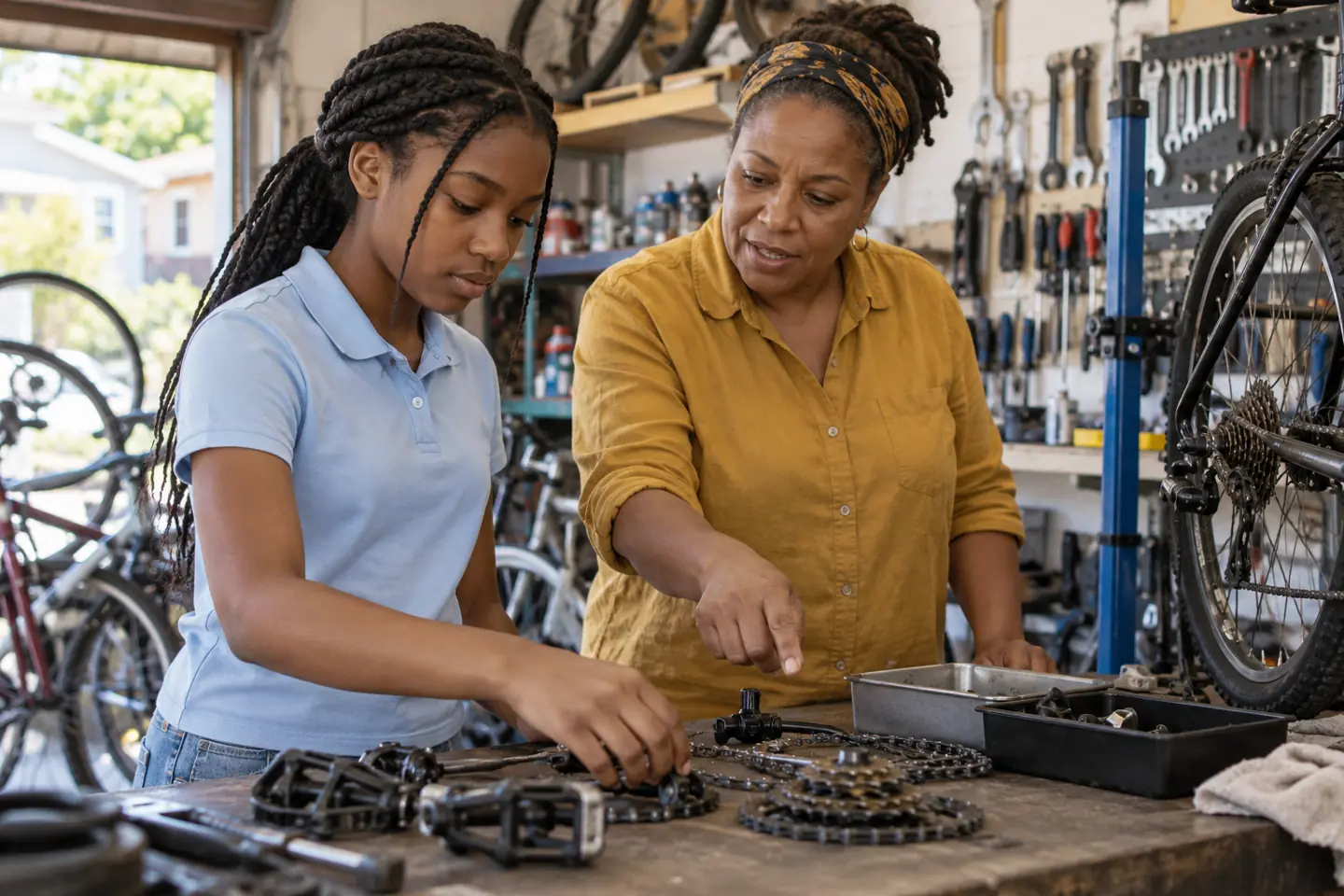 Student discussing work and family responsibilities with a bicycle shop supervisor