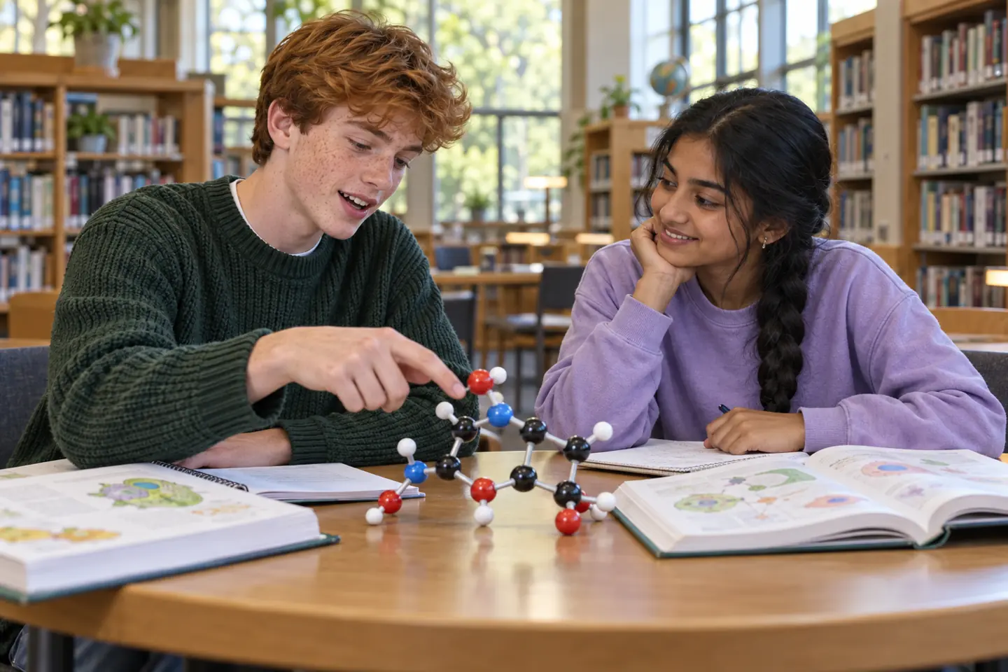 Two students practicing biology together for a final exam study plan