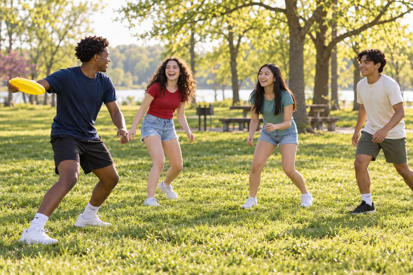 Four happy teens playing flying-disc catch during an outdoor study break
