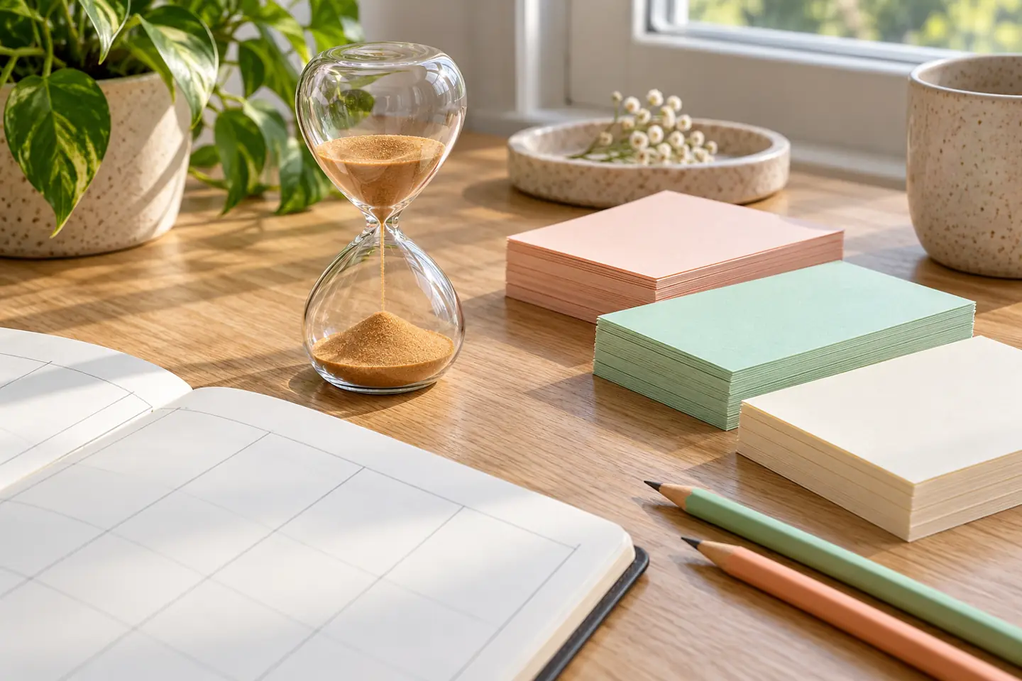 Sand timer, blank study cards, and pencils beside a final exam planning notebook