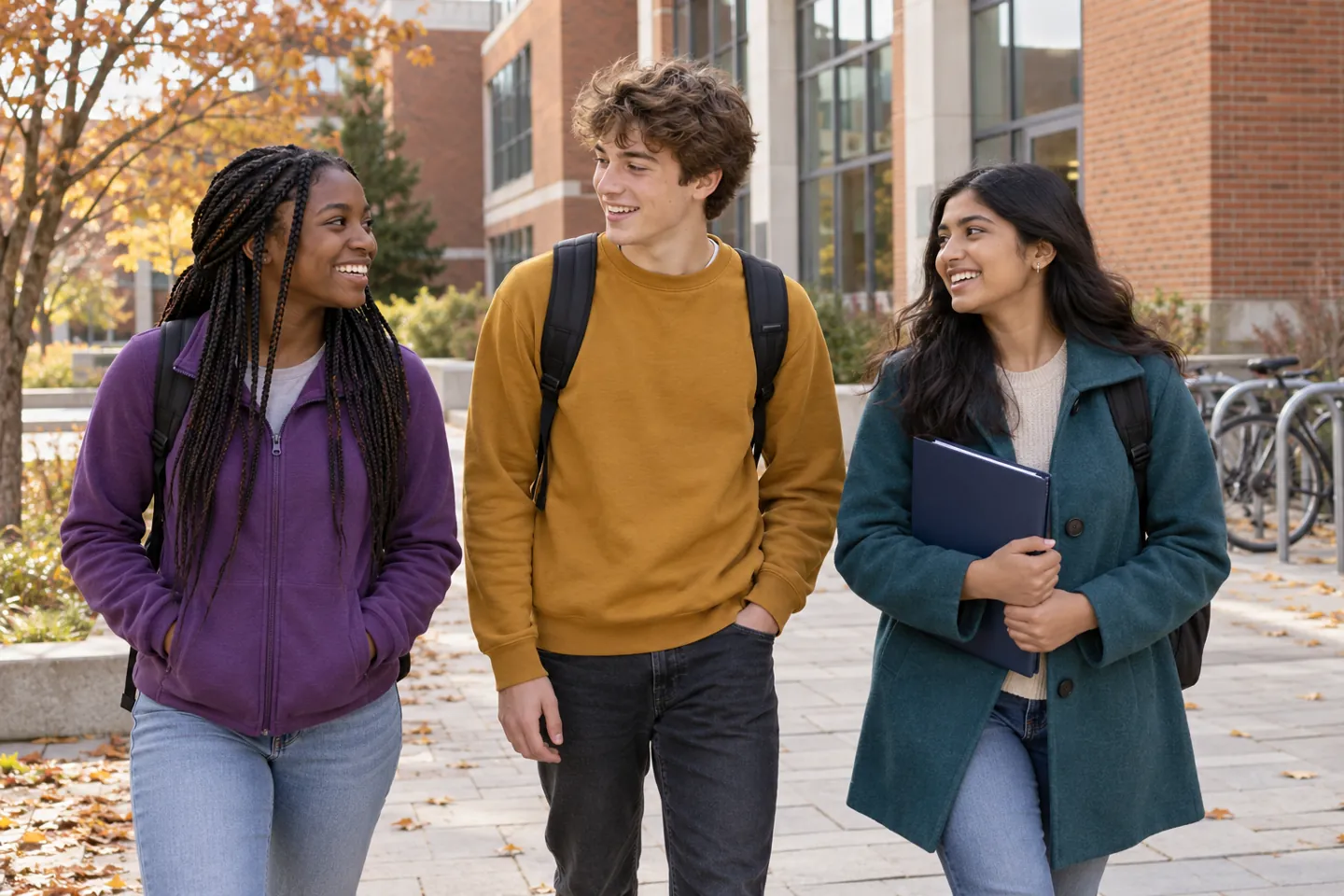 Three happy young people walking through a public college campus courtyard