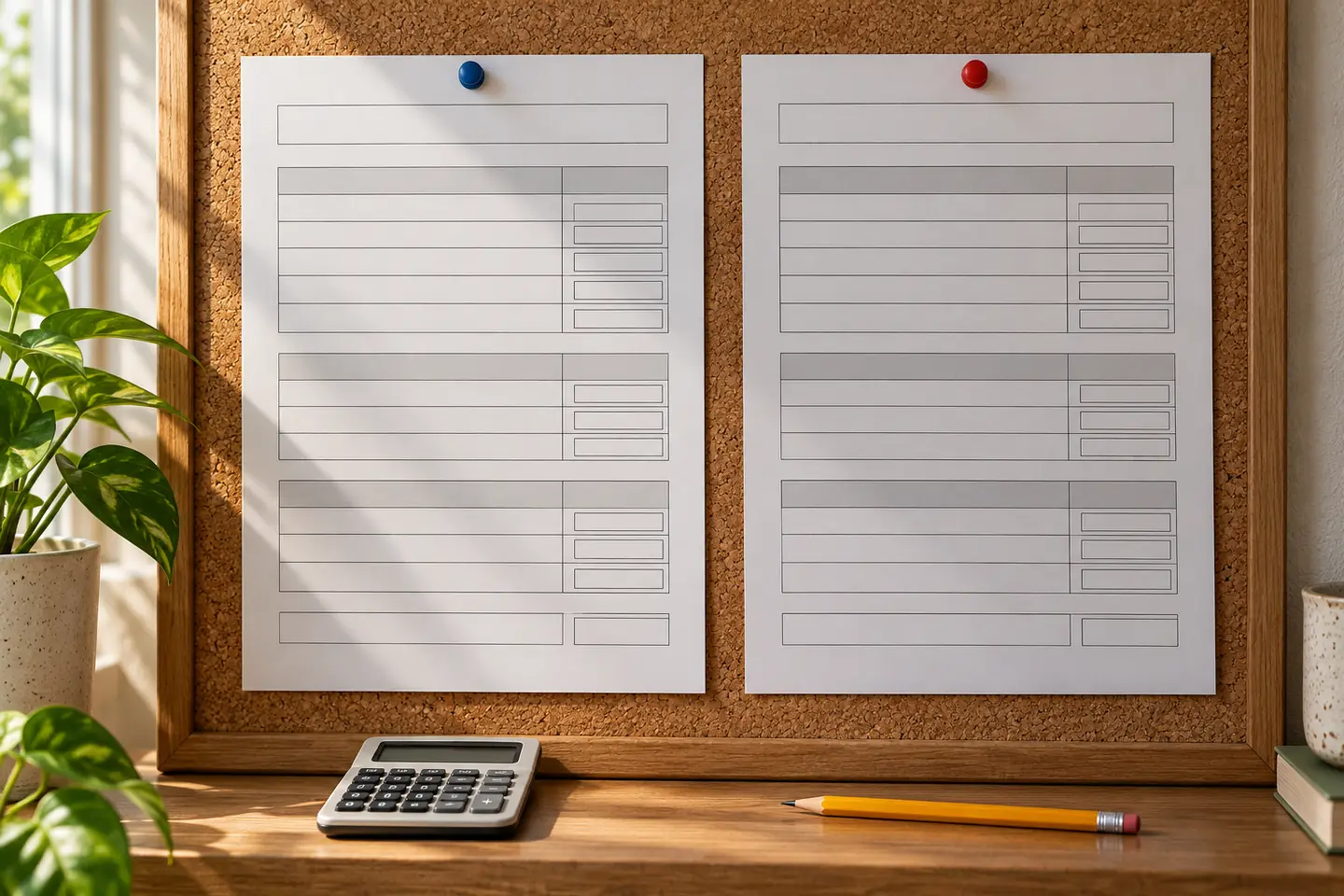 Two blank aid comparison sheets on a corkboard with calculator and pencil, no people