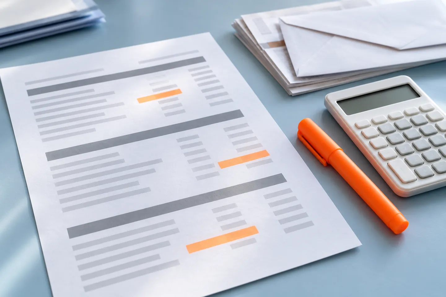 Close-up of a financial aid offer illustration with highlighted rows, a calculator, and envelopes without people
