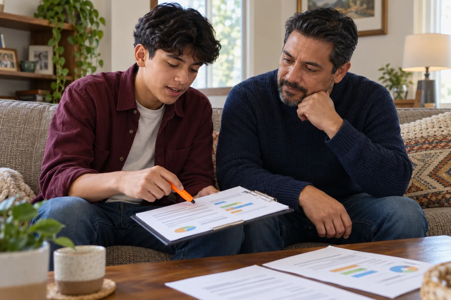 Student and father reviewing a financial aid offer with a highlighter on a living-room sofa