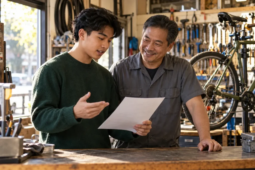 Student and father discussing college application context in their family repair shop