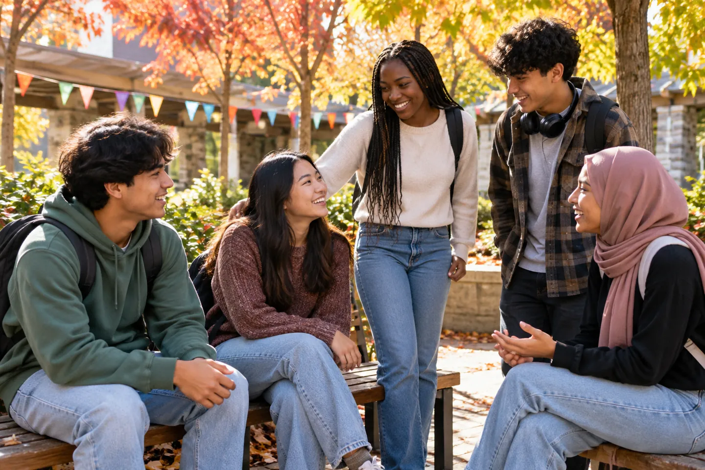 Happy young people share an encouraging conversation in a public community courtyard