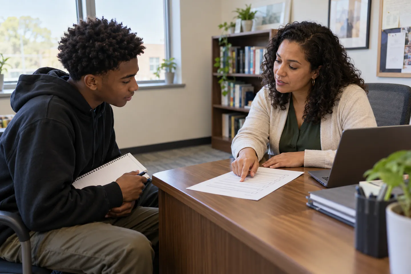 Student checking college eligibility questions with a school counselor