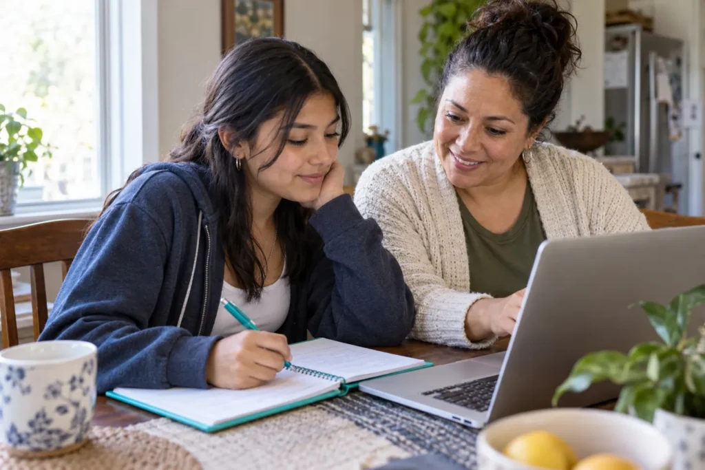 Student and mother discussing first-generation college student questions at home