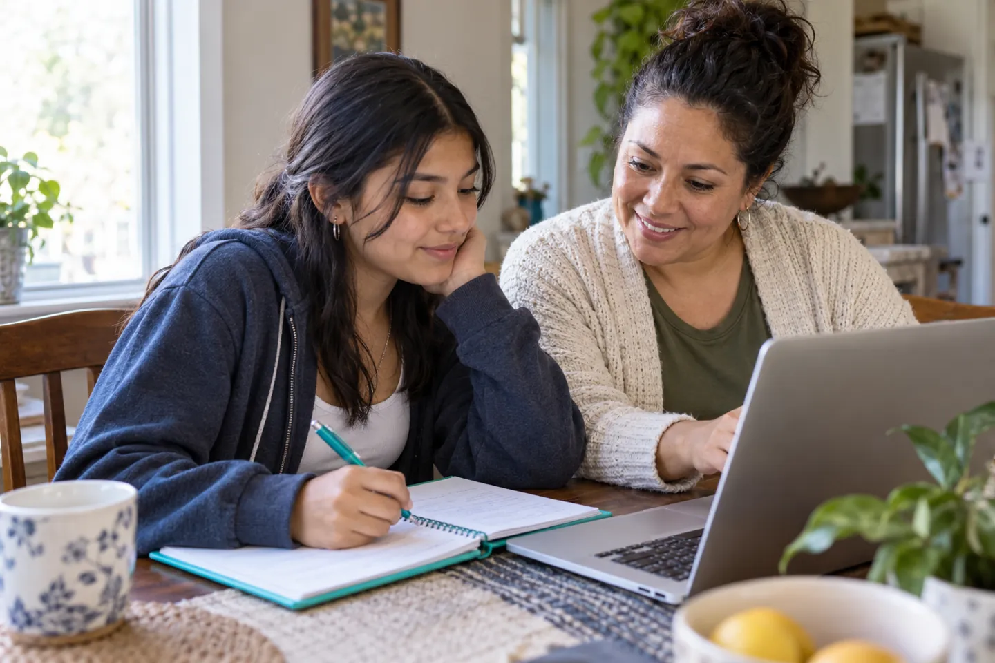 Student and mother discussing first-generation college student questions at home