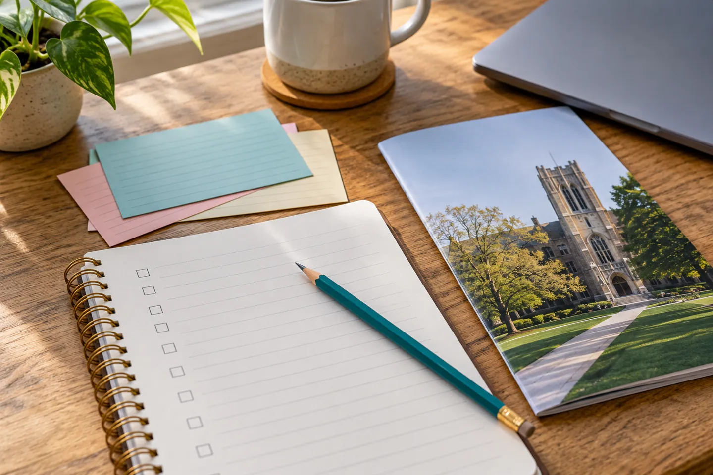 College planning notebook, pencil, and brochure on a desk without people