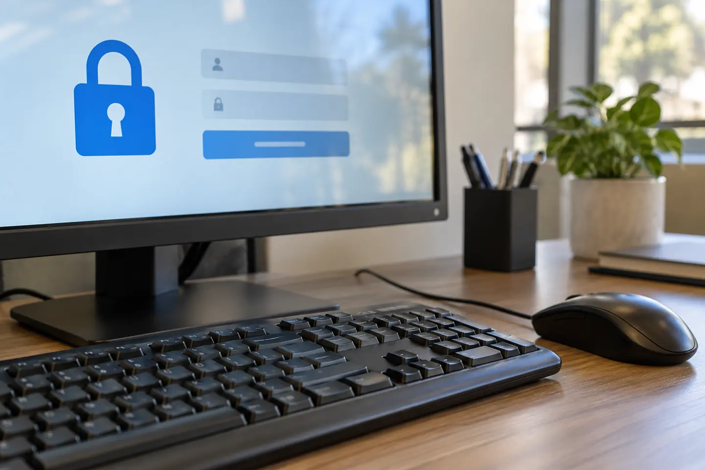 Close-up of a computer keyboard and generic padlock login illustration with no people