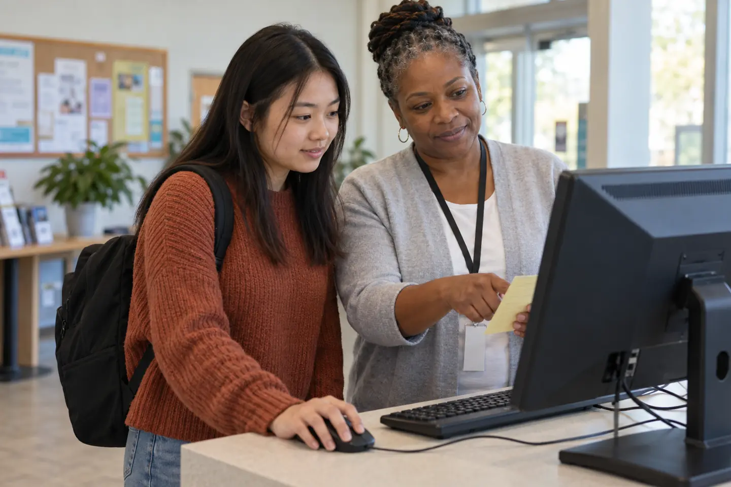 Student and community technology helper working through FSA ID troubleshooting at a computer