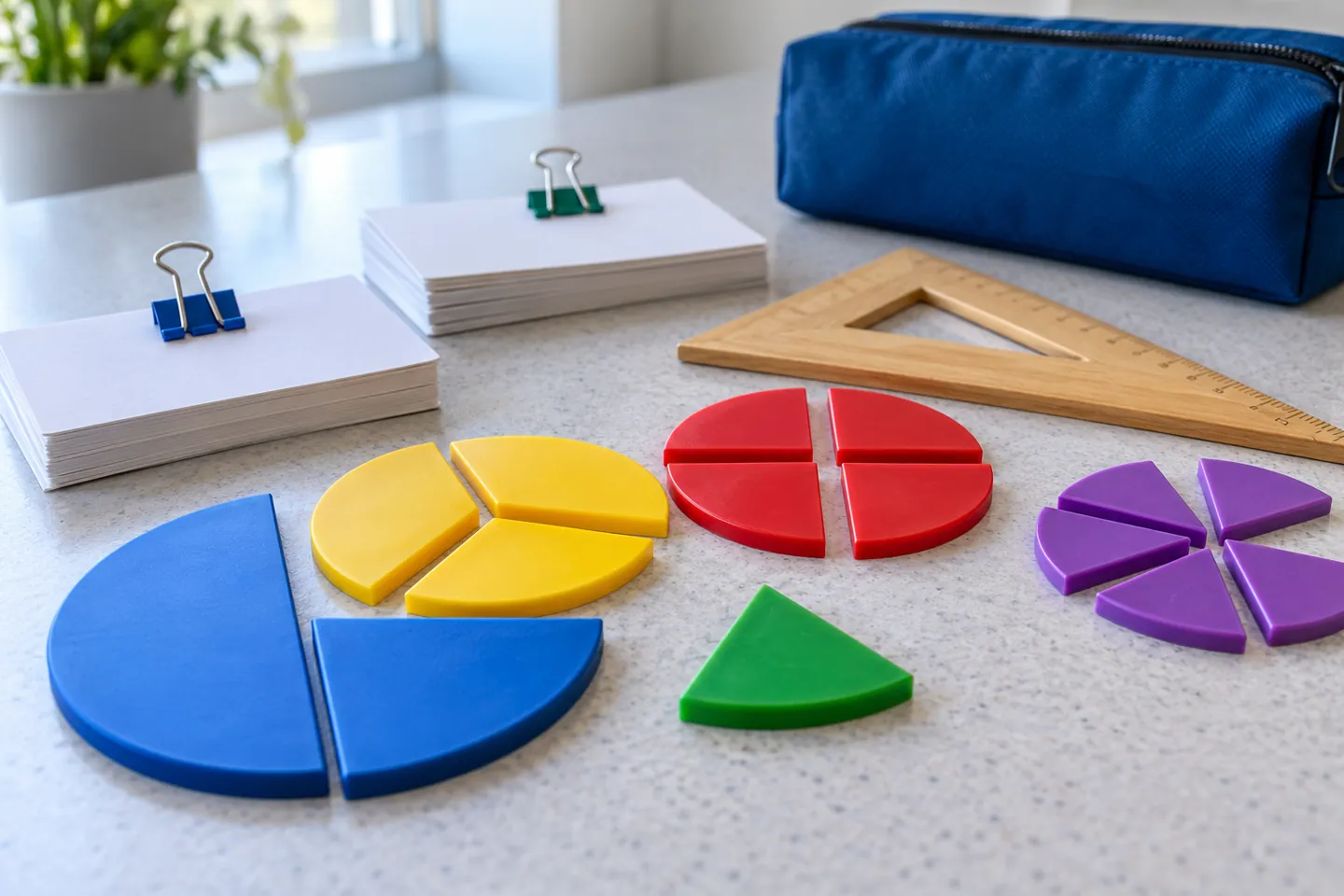 Fraction tiles, blank practice cards, ruler, and pencil case for focused study