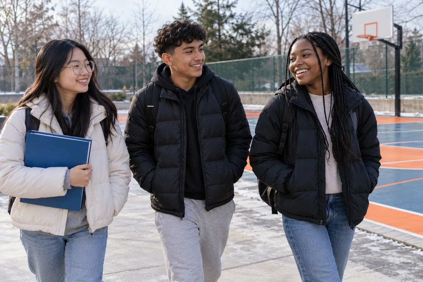 Three happy young students talk outdoors beside a school basketball court